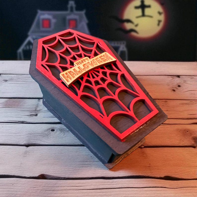 Painted Wooden Halloween Coffin Box, Spiderweb Trinket Storage with Lift-Off Lid — photograph 3