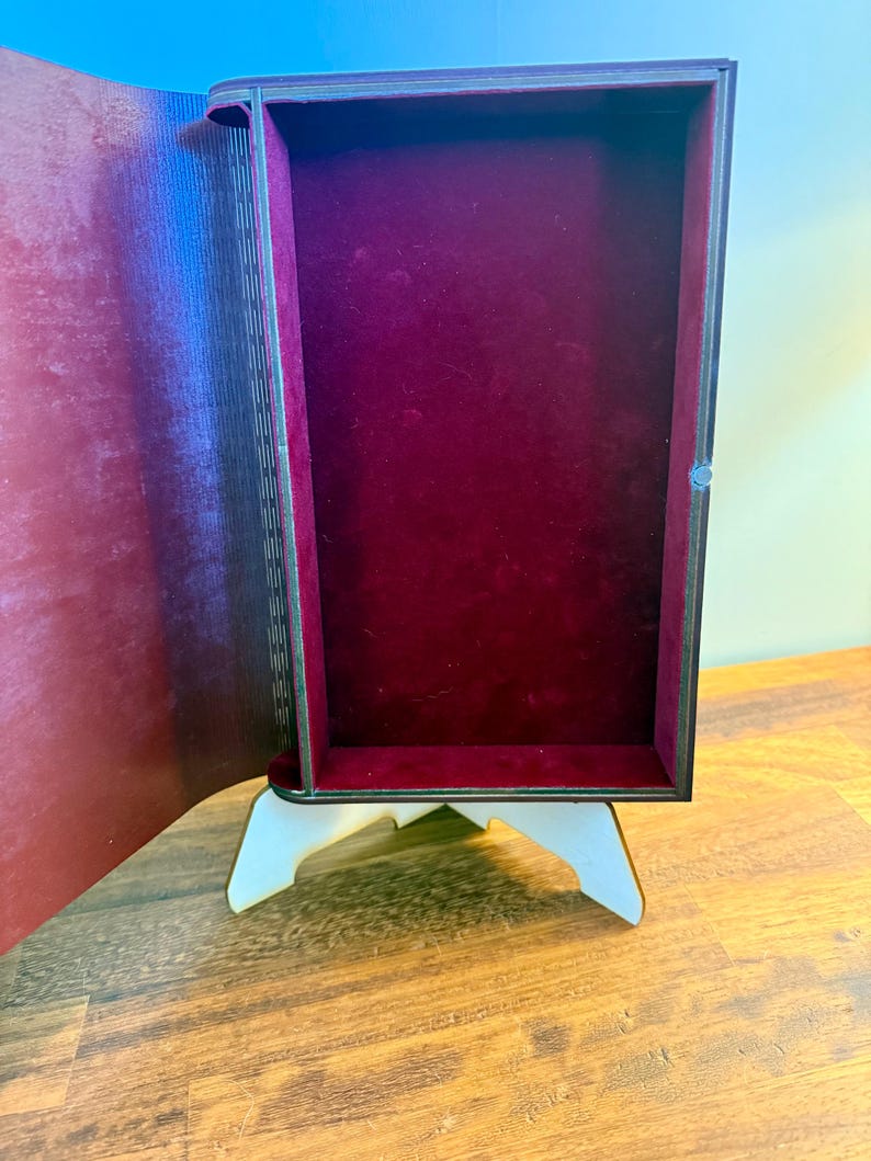 Dracula Book-Shaped Keepsake Box, Engraved Wood with Red Velvet Lining — photograph 2