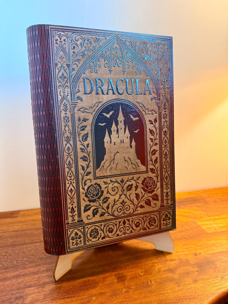 Dracula Book-Shaped Keepsake Box, Engraved Wood with Red Velvet Lining — photograph 3