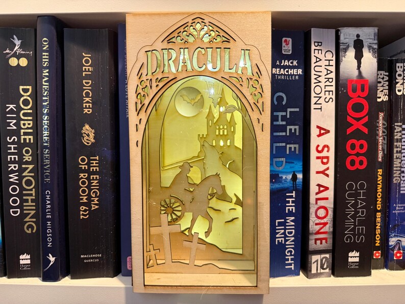 Dracula DIY Book Nook Kit, Simple Wooden Gothic Bookshelf Insert with LED Lights — photograph 2