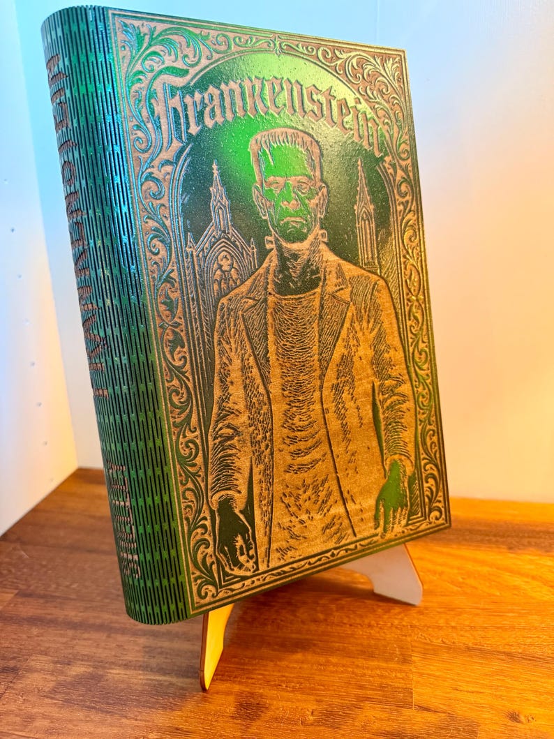 Frankenstein Book-Shaped Keepsake Box, Six Drawers, Hand-Painted Green Wood — photograph 2