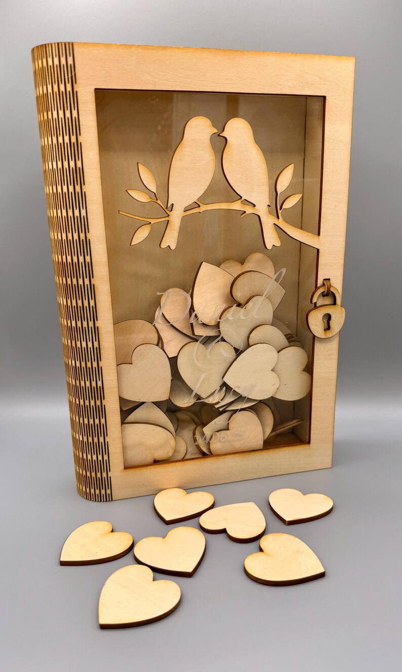 Personalised Wedding Guest Book Drop Box, Wooden Lovebirds Design with 100 Hearts — photograph 2
