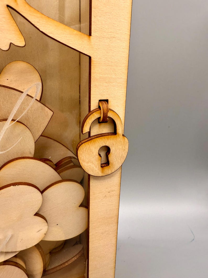 Personalised Wedding Guest Book Drop Box, Wooden Lovebirds Design with 100 Hearts — photograph 3