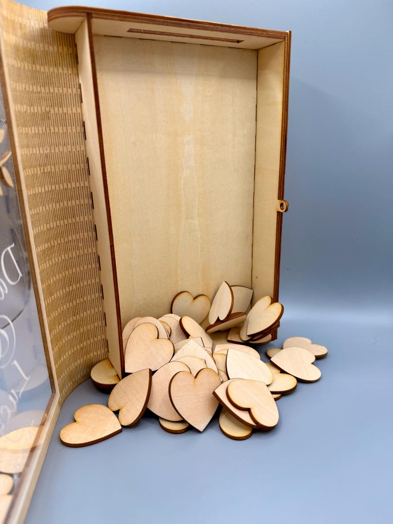 Personalised Wedding Guest Book Drop Box, Wooden Lovebirds Design with 100 Hearts — photograph 4