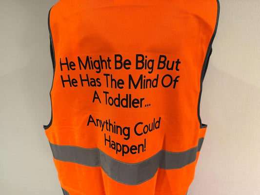 Funny Hi-Vis Horse Riding Vest, Mind of a Toddler Slogan, Adult Equestrian Gift — photograph 1