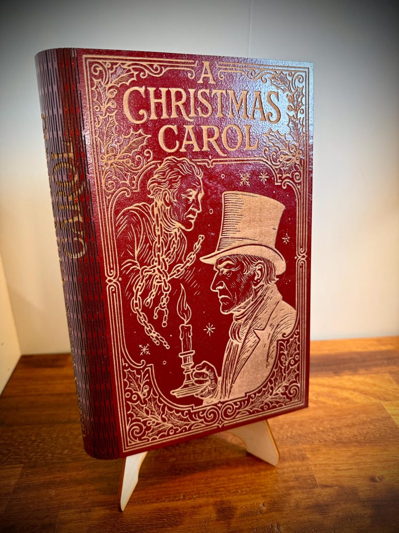 A Christmas Carol Book-Shaped Keepsake Box, Engraved Wood with Green Velvet Lining — photograph 2