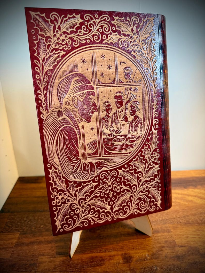 A Christmas Carol Book-Shaped Keepsake Box, Engraved Wood with Green Velvet Lining — photograph 3
