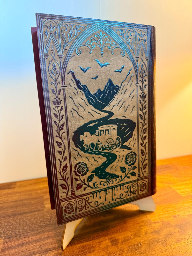 Dracula Book-Shaped Keepsake Box, Engraved Wood with Red Velvet Lining — photograph 4