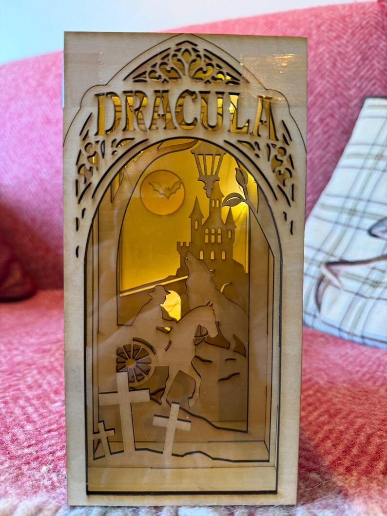 Dracula DIY Book Nook Kit, Simple Wooden Gothic Bookshelf Insert with LED Lights — photograph 3