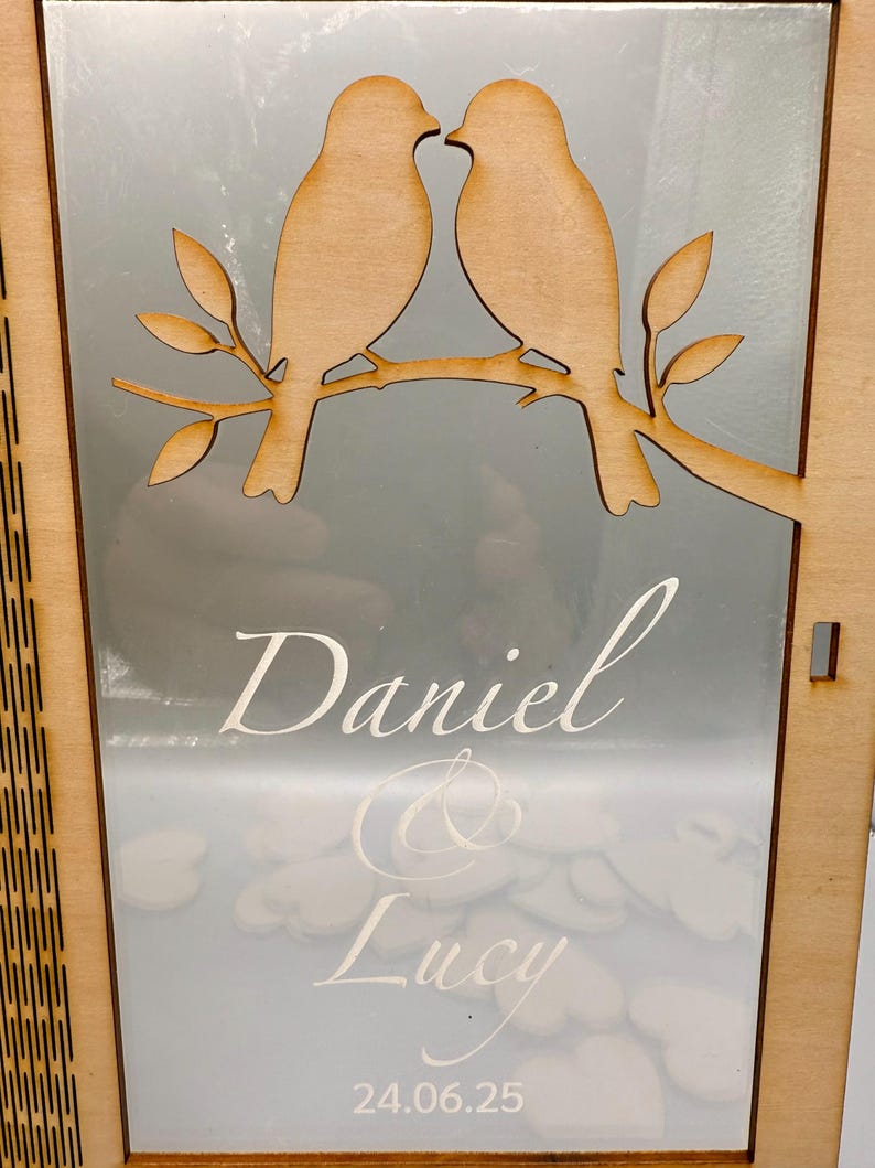 Personalised Wedding Guest Book Drop Box, Wooden Lovebirds Design with 100 Hearts — photograph 5
