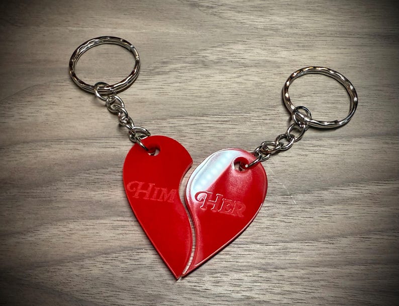 Personalised Split Heart Keyring Pair, Engraved Acrylic Gift for Couples or Friends — photograph 2