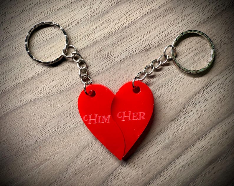 Personalised Split Heart Keyring Pair, Engraved Acrylic Gift for Couples or Friends — photograph 3