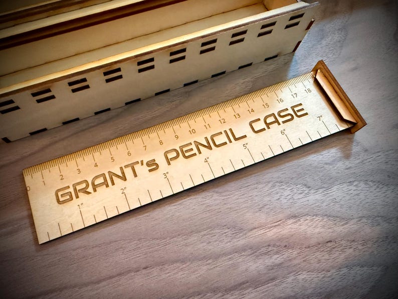 Personalised Wooden Pencil Case with Ruler Lid, Engraved Stationery Gift — photograph 4