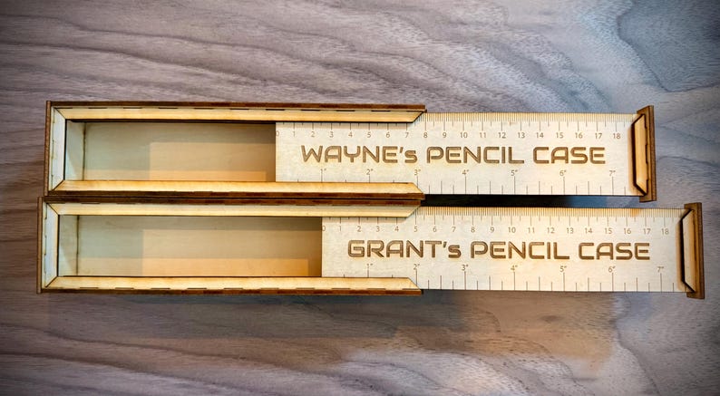 Personalised Wooden Pencil Case with Ruler Lid, Engraved Stationery Gift — photograph 3