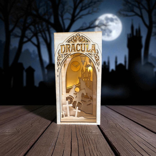 Dracula DIY Book Nook Kit, Simple Wooden Gothic Bookshelf Insert with LED Lights — photograph 1