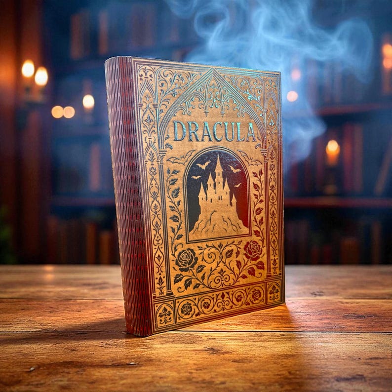 Dracula Book-Shaped Keepsake Box, Engraved Wood with Red Velvet Lining — photograph 1