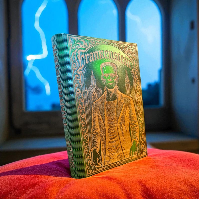 Frankenstein Book-Shaped Keepsake Box, Six Drawers, Hand-Painted Green Wood