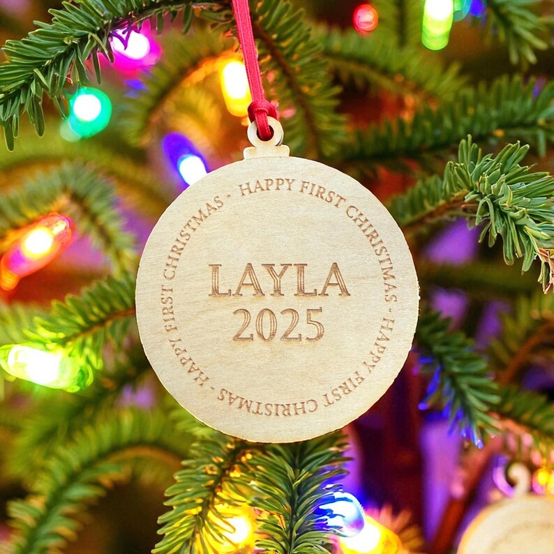 Personalised Wooden First Christmas Bauble, Santa and Rudolph, Name and Year — photograph 2