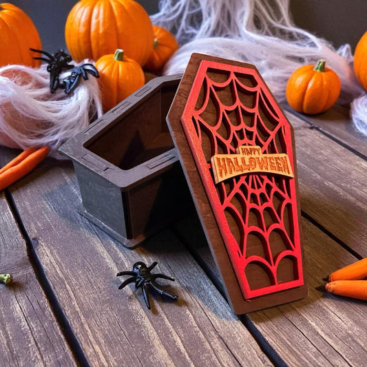 Painted Wooden Halloween Coffin Box, Spiderweb Trinket Storage with Lift-Off Lid — photograph 1