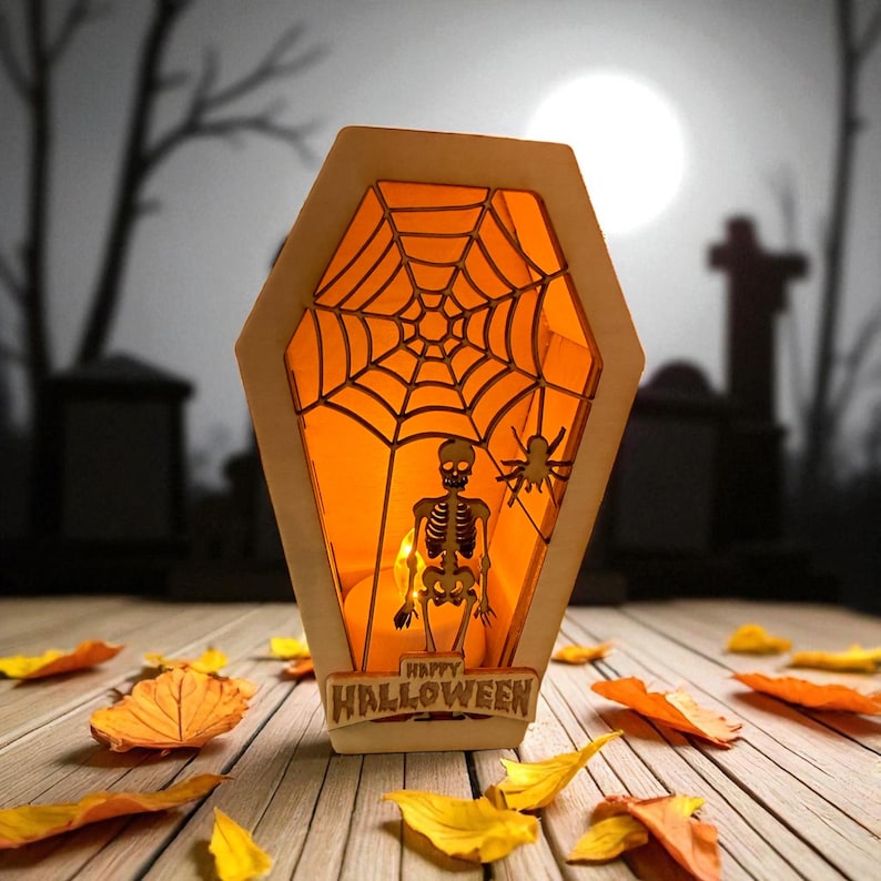 Wooden Halloween Coffin Lantern, Spiderweb and Skeleton LED Light Box — photograph 1
