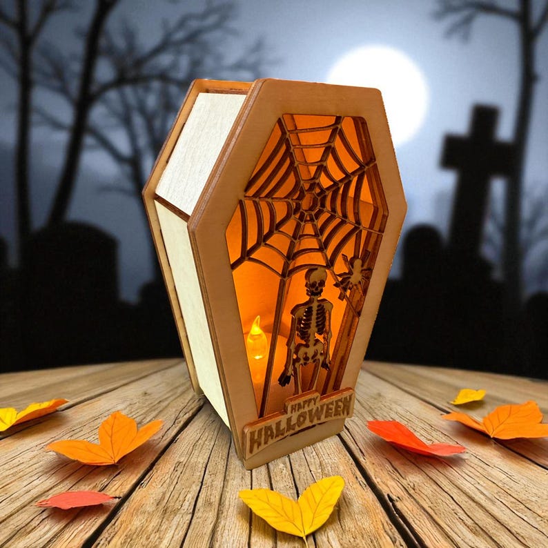 Wooden Halloween Coffin Lantern, Spiderweb and Skeleton LED Light Box — photograph 3