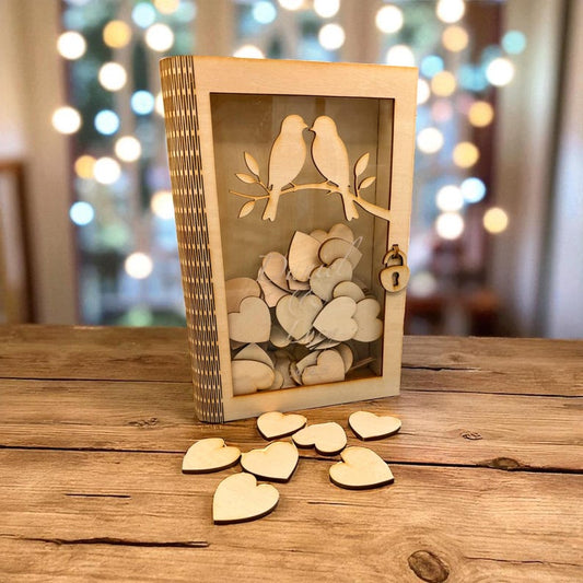 Personalised Wedding Guest Book Drop Box, Wooden Lovebirds Design with 100 Hearts — photograph 1