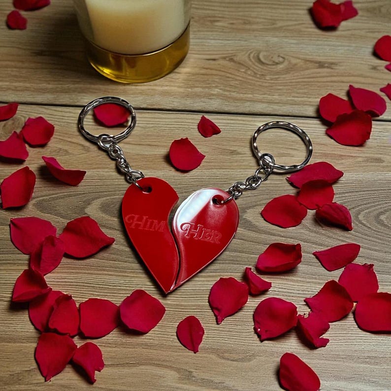 Personalised Split Heart Keyring Pair, Engraved Acrylic Gift for Couples or Friends — photograph 1