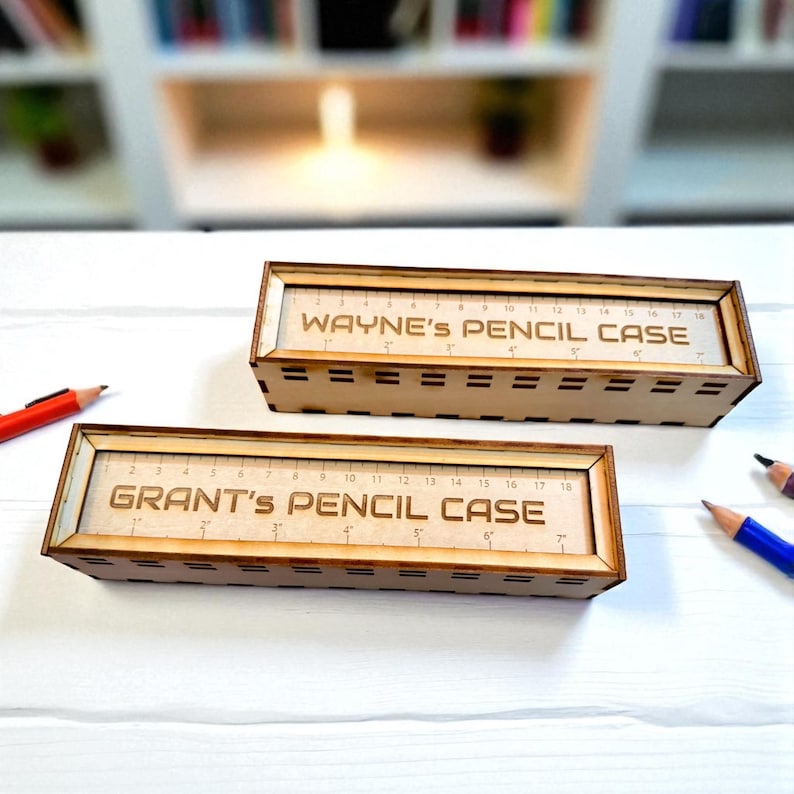 Personalised Wooden Pencil Case with Ruler Lid, Engraved Stationery Gift — photograph 1