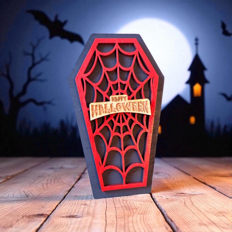 Painted Wooden Halloween Coffin Box, Spiderweb Trinket Storage with Lift-Off Lid — photograph 2