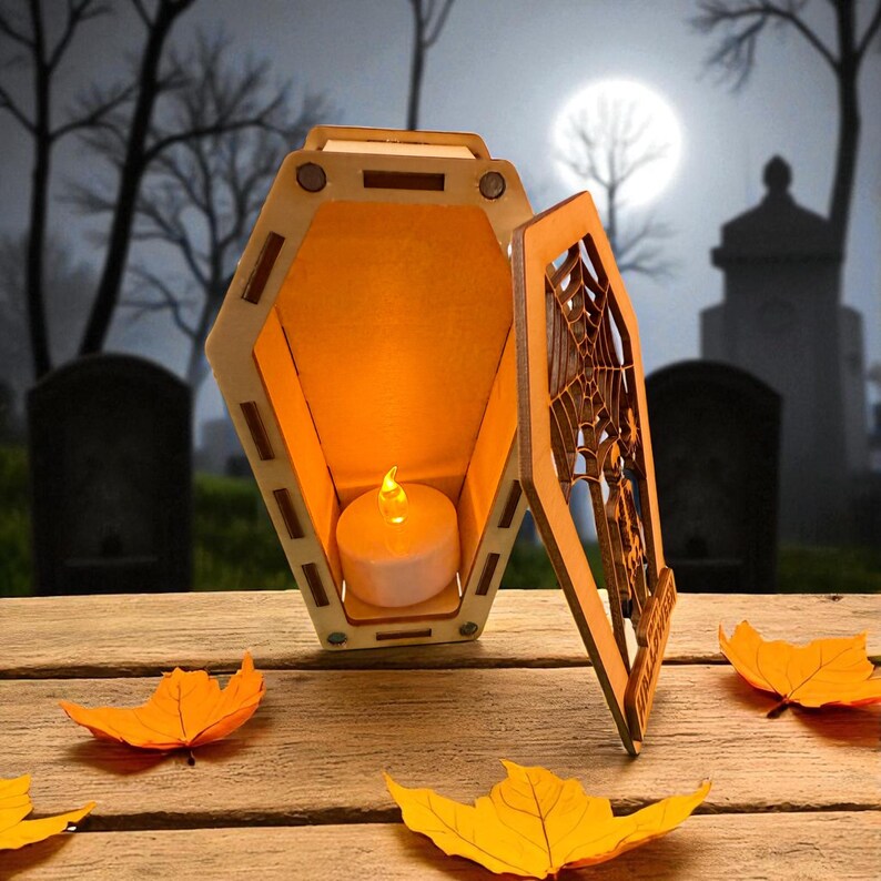 Wooden Halloween Coffin Lantern, Spiderweb and Skeleton LED Light Box — photograph 2