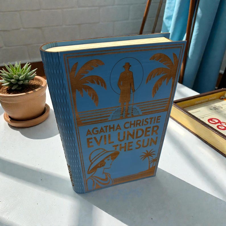 Evil Under the Sun Book-Shaped Keepsake Box, Black Velvet Lined Wooden Storage